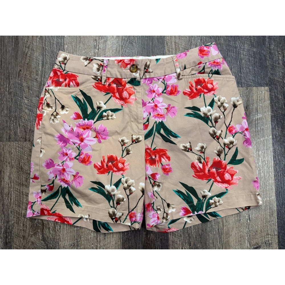 Lands End Womens Tan Floral Chino Shorts Mid Rise Size 6 Pink Red Cotton Blend